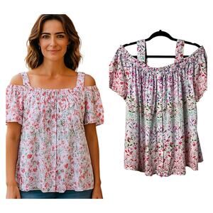 Woman Within Floral Off Shoulder Button Front Top M 14/16 Romantic Cottage (2809